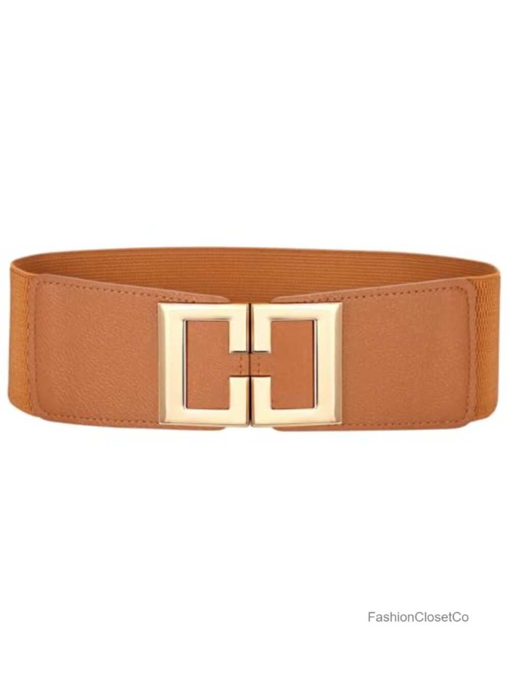 Wide Elastic Waist Belt Stretchy PU Leather Gold Buckle Women's Dress Belt